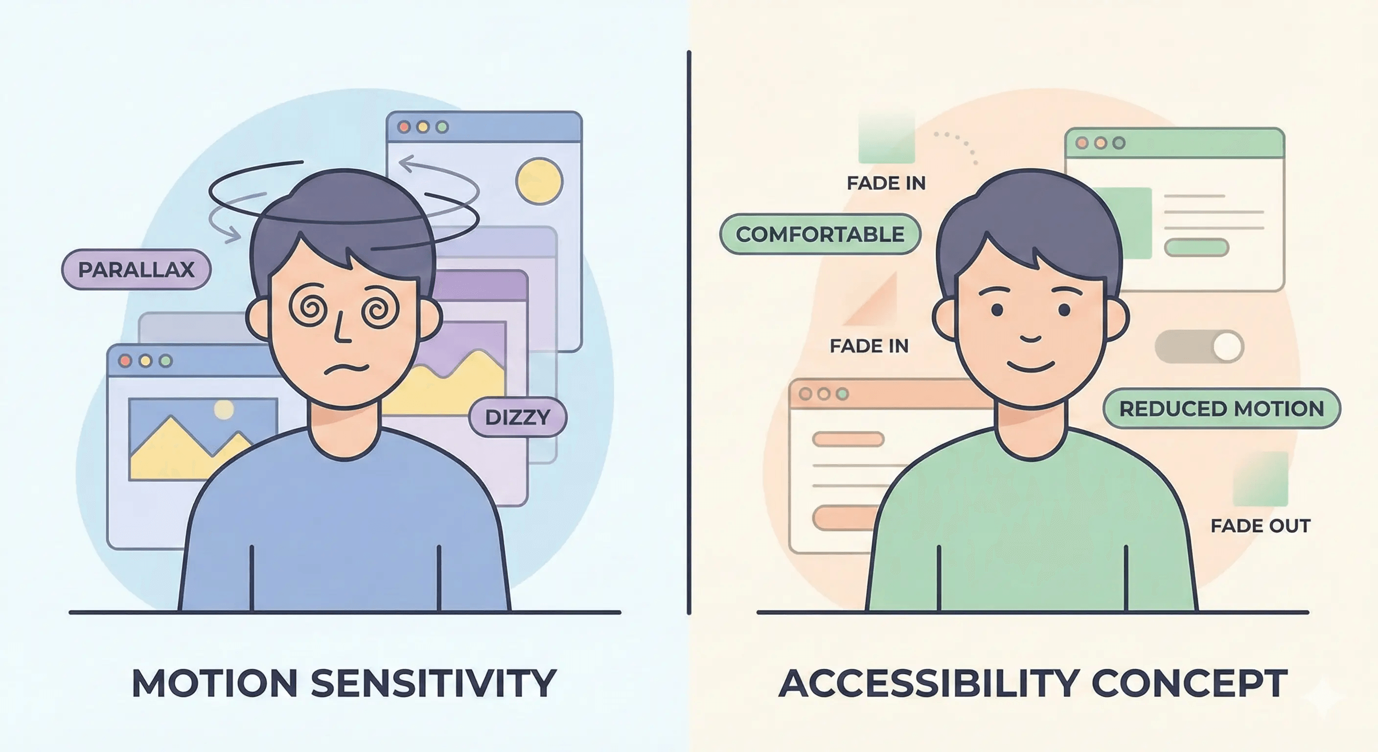 Ilustración dividida: a la izquierda una persona mareada con líneas de movimiento en espiral y efectos parallax; a la derecha la misma persona cómoda con animaciones suaves de fade