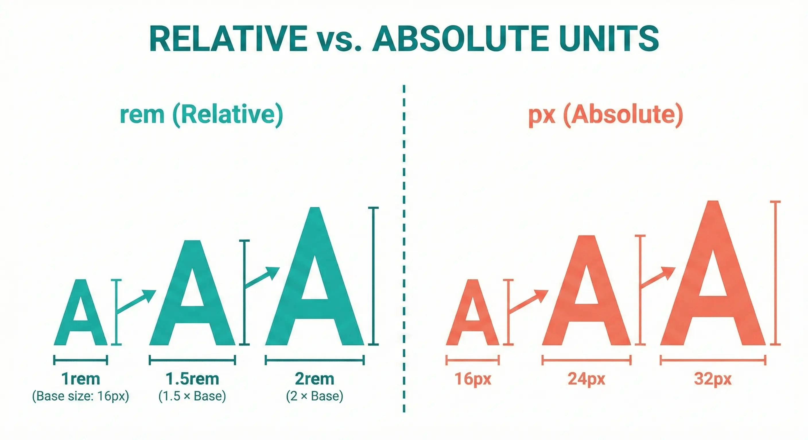 La letra A mostrada en tres tamaños diferentes (pequeño, mediano, grande) con etiquetas rem y px, ilustrando cómo las unidades relativas escalan proporcionalmente